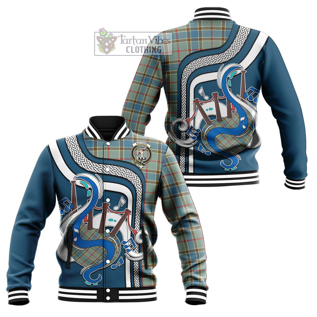 Tartan Vibes Clothing Balfour Blue Tartan Baseball Jacket with Epic Bagpipe Style