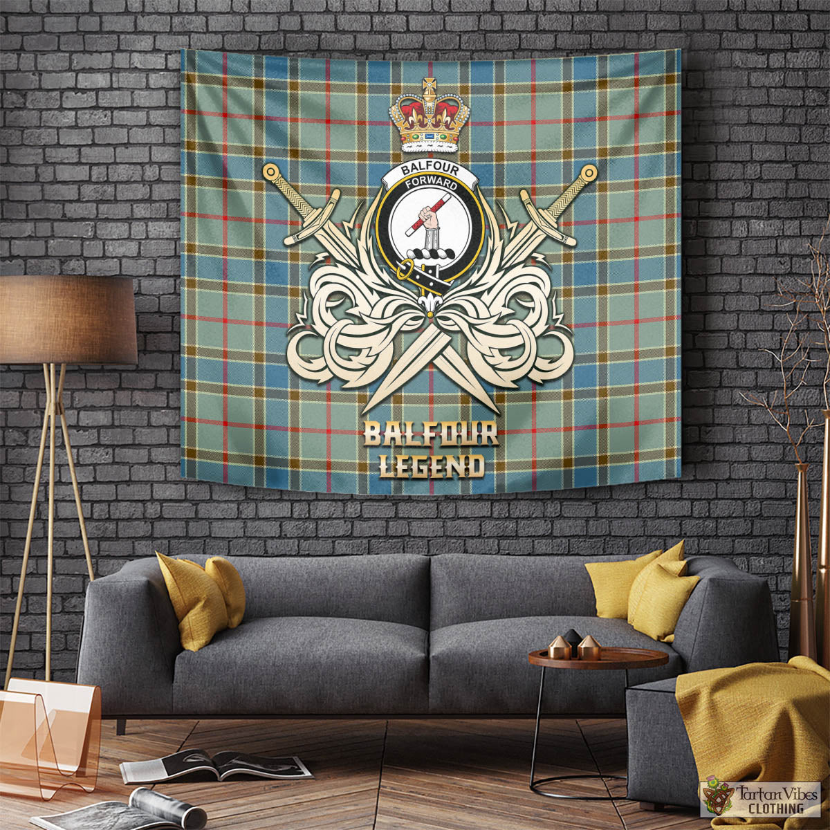 Tartan Vibes Clothing Balfour Blue Tartan Tapestry with Clan Crest and the Golden Sword of Courageous Legacy