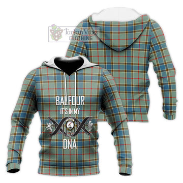 Balfour Blue Tartan Knitted Hoodie with Family Crest DNA In Me Style