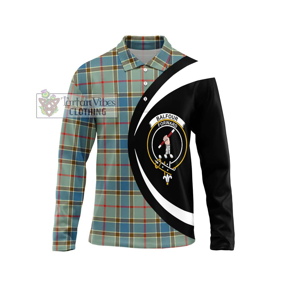 Balfour Blue Tartan Long Sleeve Polo Shirt with Family Crest Circle Style Unisex - Tartan Vibes Clothing