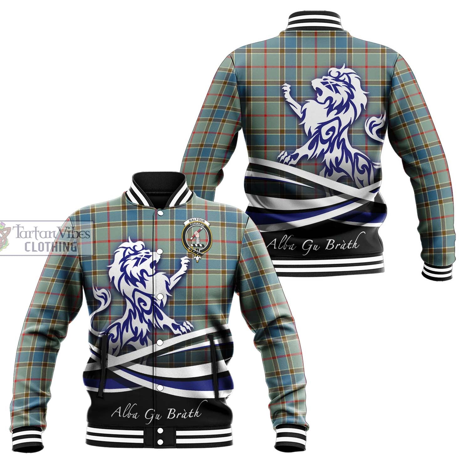 Tartan Vibes Clothing Balfour Blue Tartan Baseball Jacket with Alba Gu Brath Regal Lion Emblem