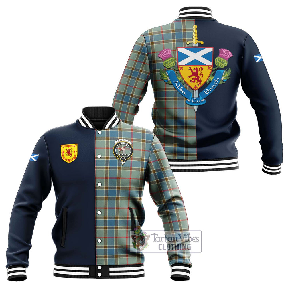 Tartan Vibes Clothing Balfour Blue Tartan Baseball Jacket with Scottish Lion Royal Arm Half Style