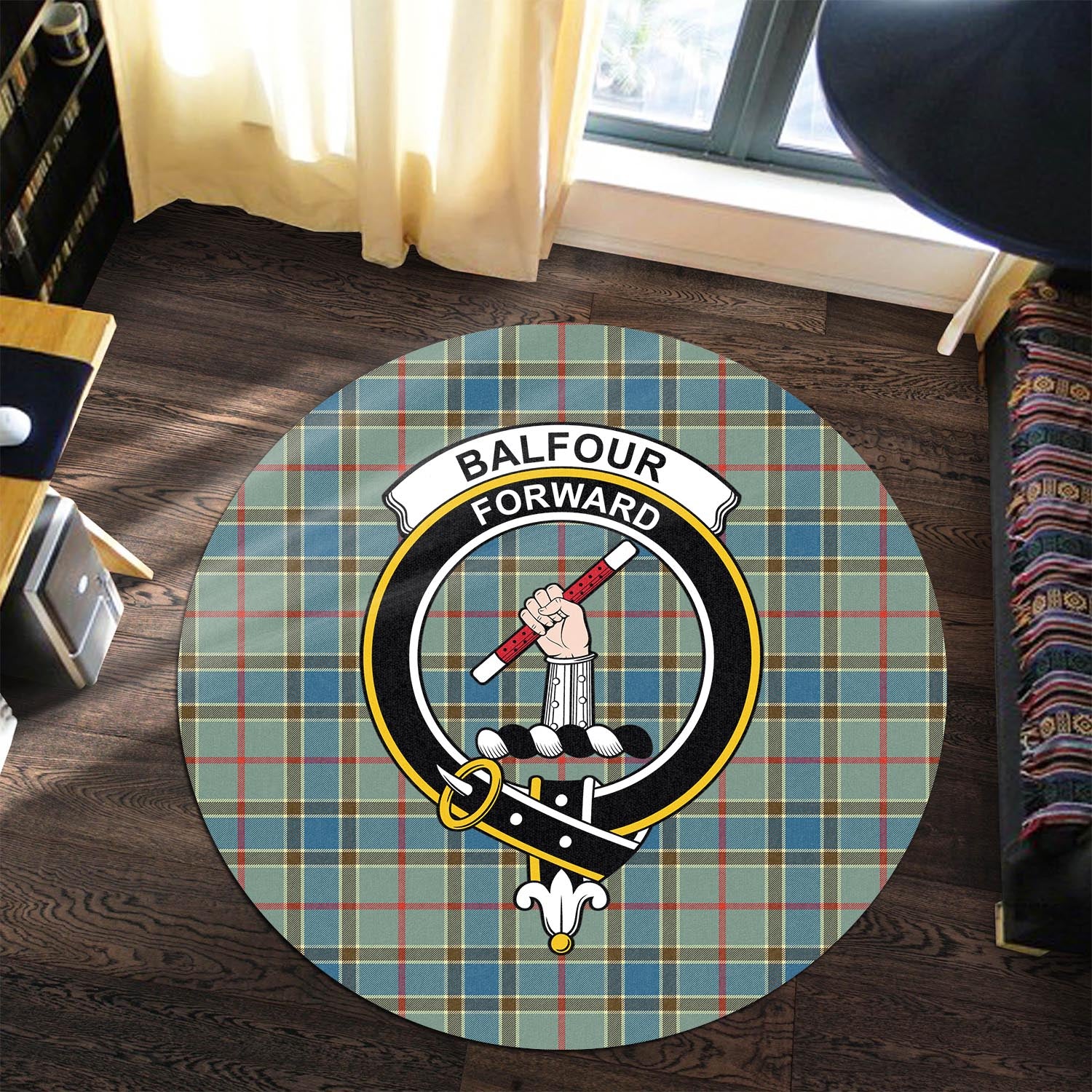 Balfour Blue Tartan Round Rug with Family Crest - Tartanvibesclothing