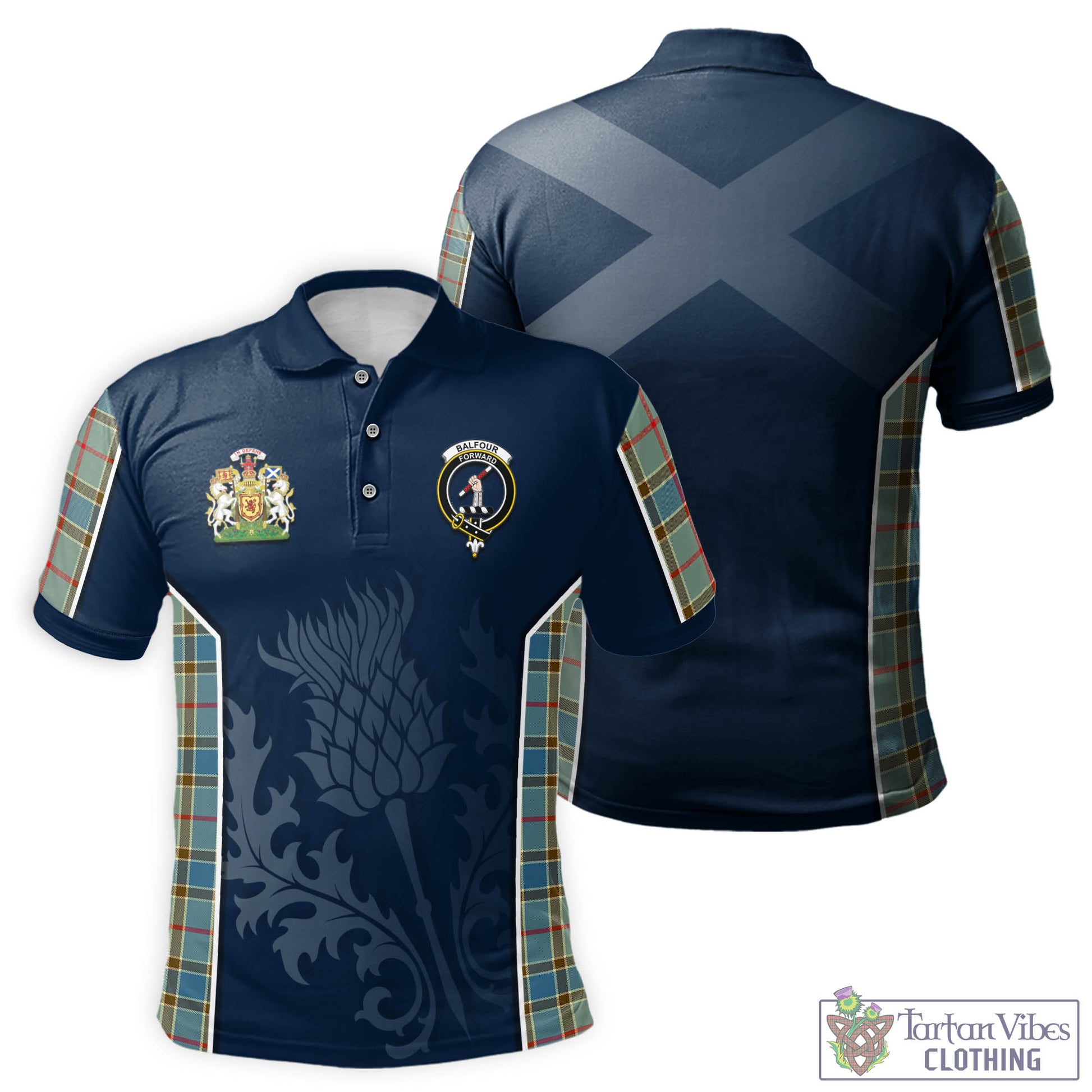 Tartan Vibes Clothing Balfour Blue Tartan Men's Polo Shirt with Family Crest and Scottish Thistle Vibes Sport Style