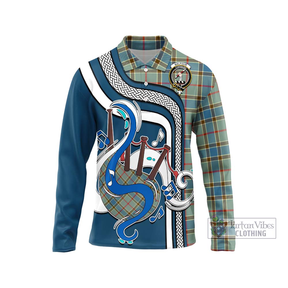 Tartan Vibes Clothing Balfour Blue Tartan Long Sleeve Polo Shirt with Epic Bagpipe Style