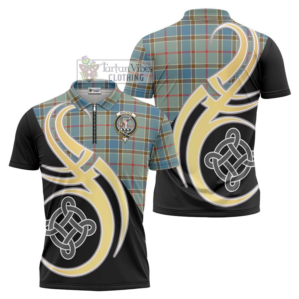 Tartan Vibes Clothing Balfour Blue Tartan Zipper Polo Shirt with Family Crest and Celtic Symbol Style