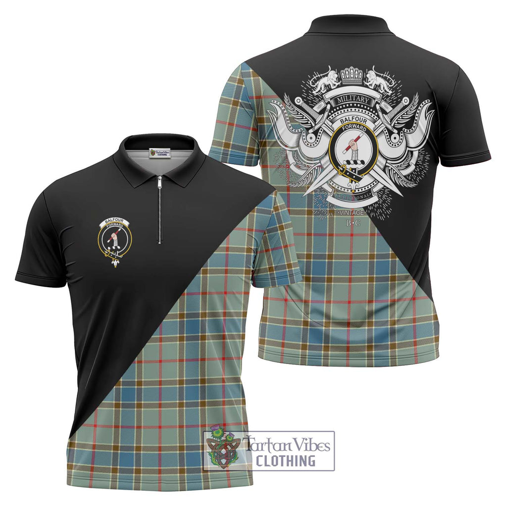 Balfour Blue Tartan Zipper Polo Shirt with Family Crest and Military Logo Style Unisex - Tartanvibesclothing Shop