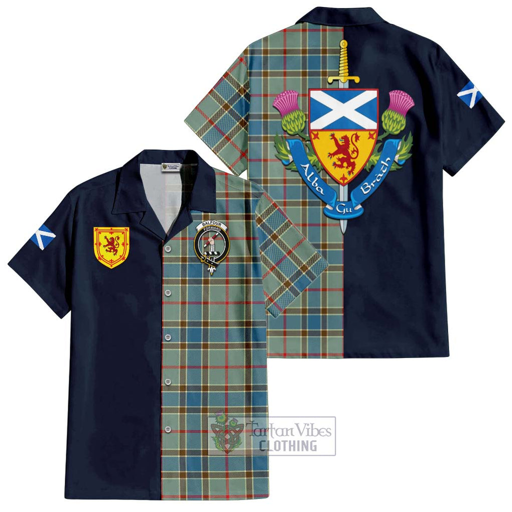 Tartan Vibes Clothing Balfour Blue Tartan Short Sleeve Button Shirt with Scottish Lion Royal Arm Half Style