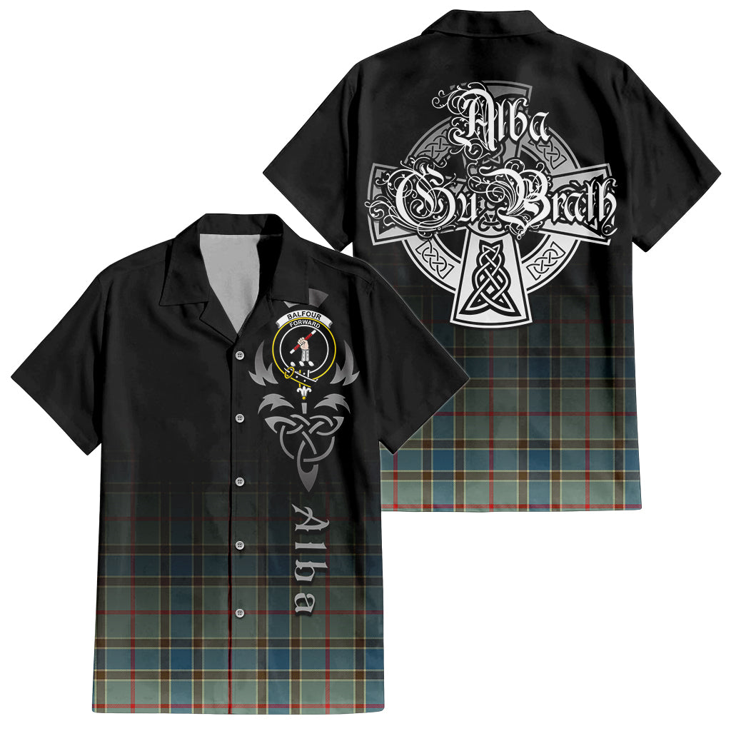 Tartan Vibes Clothing Balfour Blue Tartan Short Sleeve Button Up Featuring Alba Gu Brath Family Crest Celtic Inspired