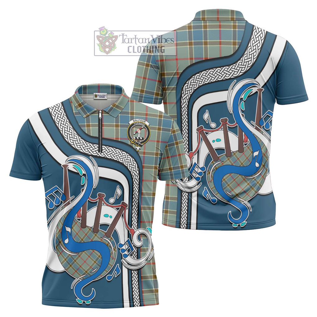 Balfour Blue Tartan Zipper Polo Shirt with Epic Bagpipe Style Unisex - Tartanvibesclothing Shop