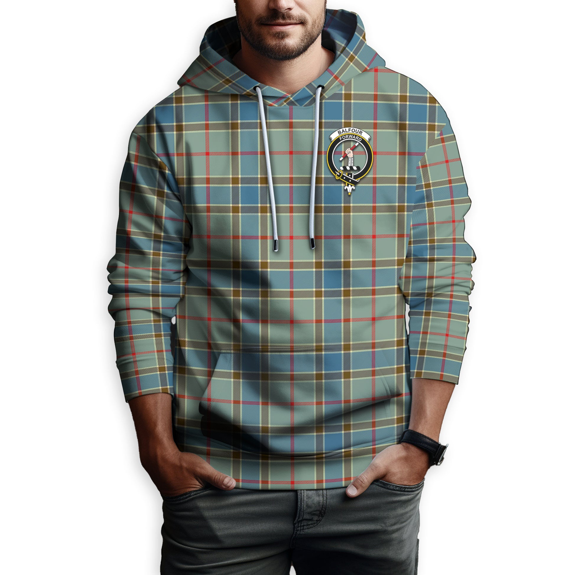 Balfour Blue Tartan Hoodie with Family Crest - Tartanvibesclothing