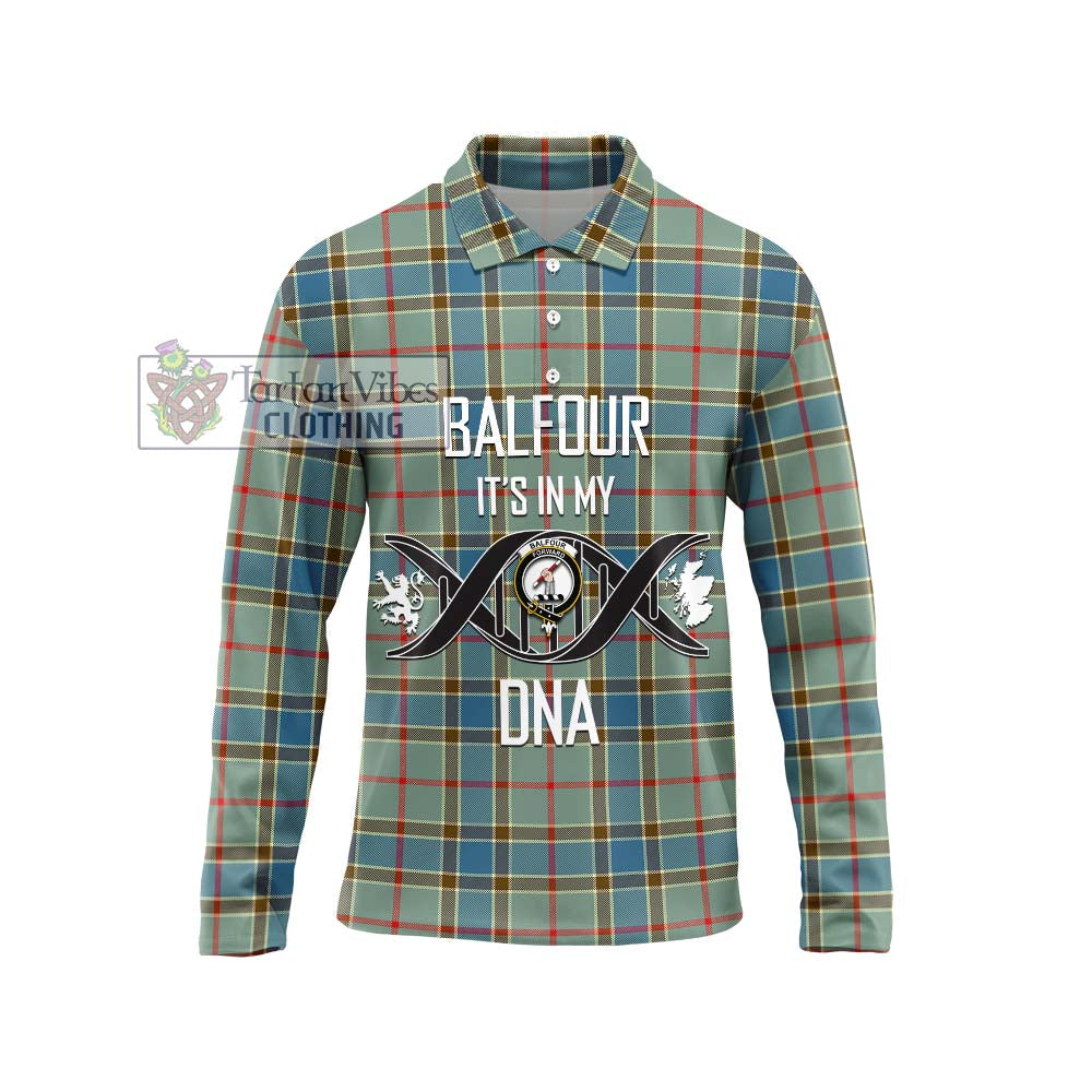 Balfour Blue Tartan Long Sleeve Polo Shirt with Family Crest DNA In Me Style Unisex - Tartanvibesclothing Shop