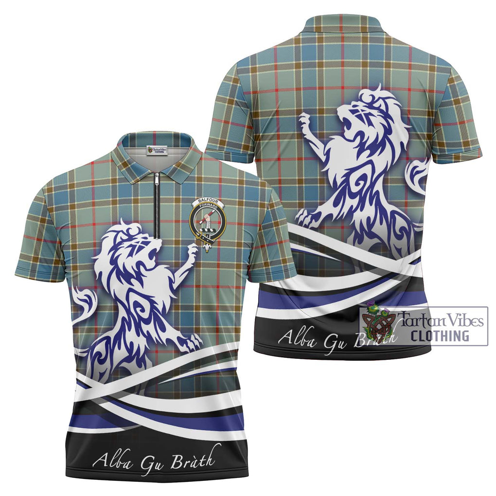 Balfour Blue Tartan Zipper Polo Shirt with Alba Gu Brath Regal Lion Emblem Unisex - Tartanvibesclothing Shop