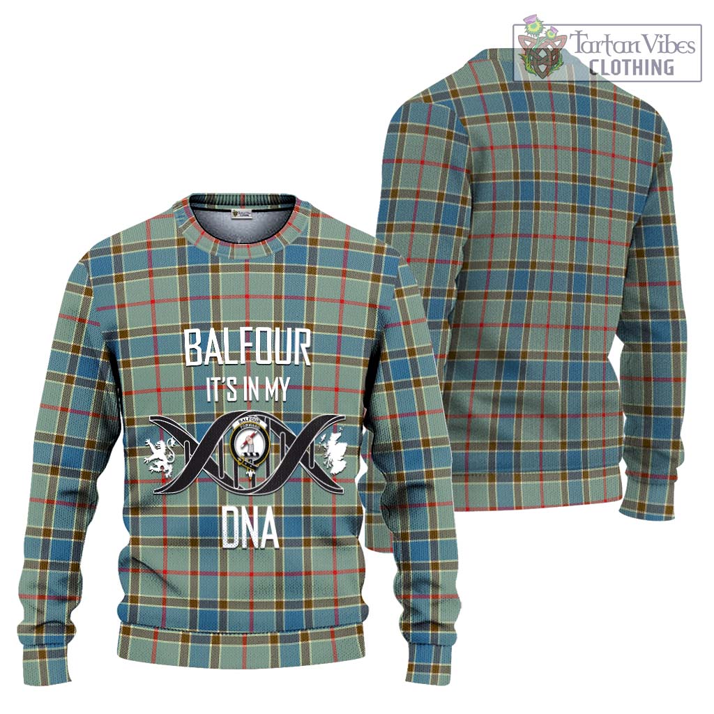 Tartan Vibes Clothing Balfour Blue Tartan Knitted Sweater with Family Crest DNA In Me Style