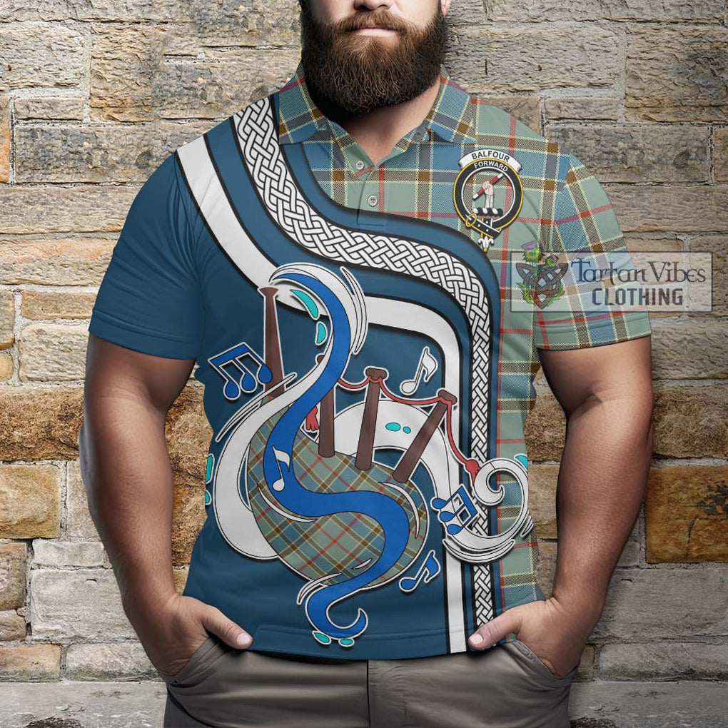 Tartan Vibes Clothing Balfour Blue Tartan Polo Shirt with Epic Bagpipe Style