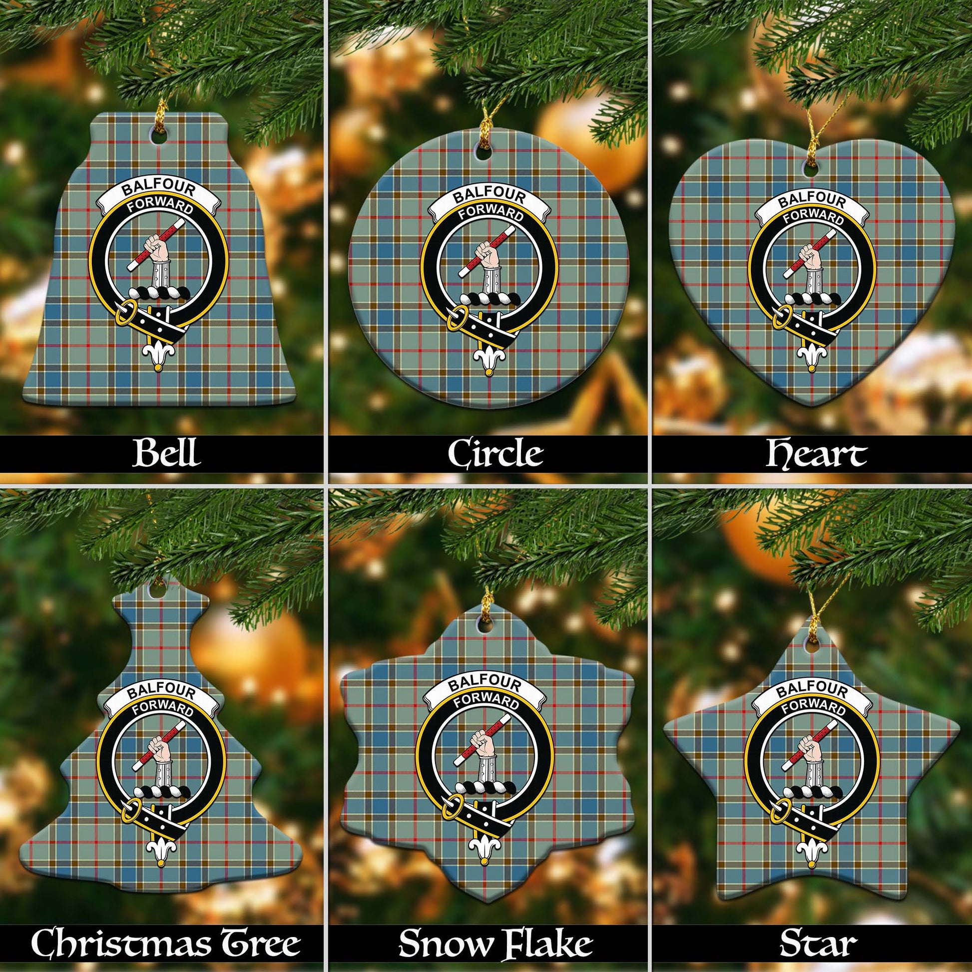 Balfour Blue Tartan Christmas Ornaments with Family Crest Ceramic Bell Pack 1: ornament * 1 piece - Tartanvibesclothing