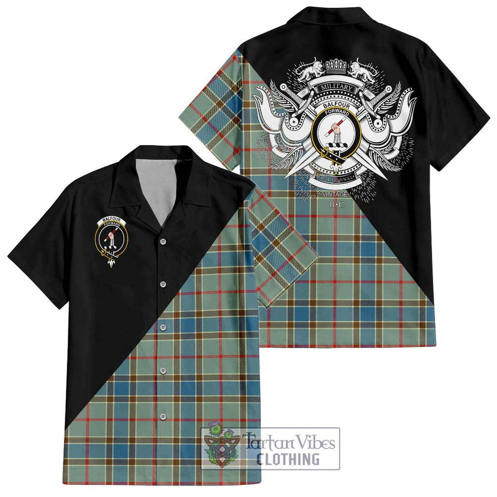 Balfour Blue Tartan Short Sleeve Button Shirt with Family Crest and Military Logo Style Kid - Tartanvibesclothing Shop