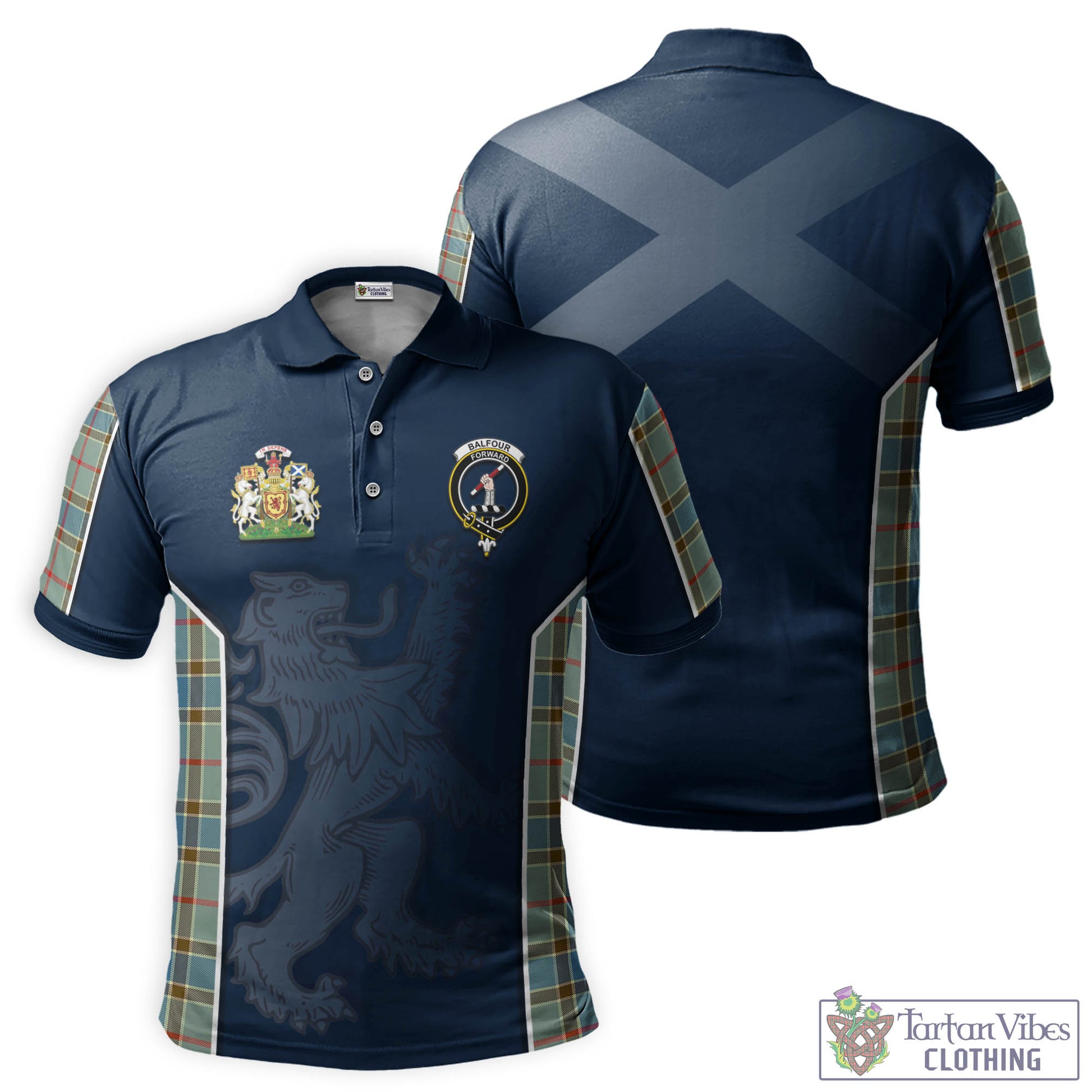 Tartan Vibes Clothing Balfour Blue Tartan Men's Polo Shirt with Family Crest and Lion Rampant Vibes Sport Style