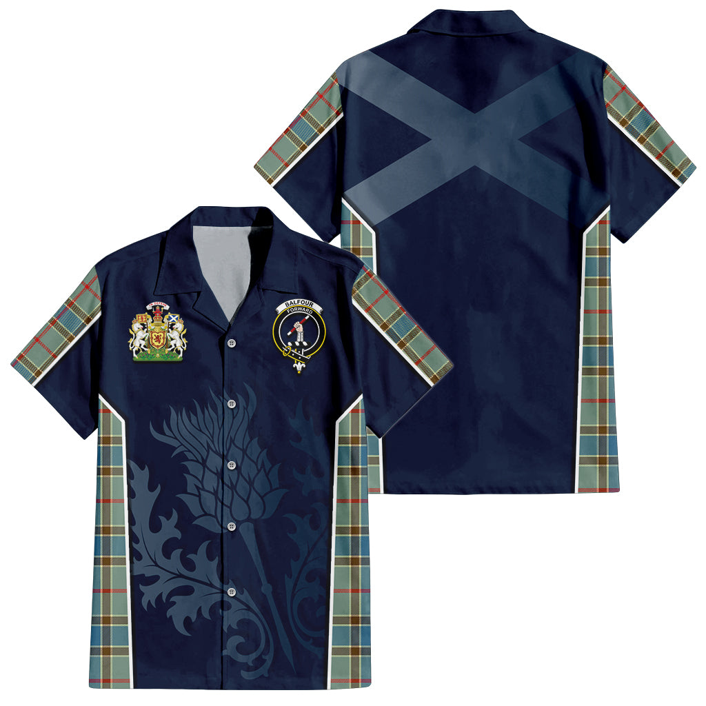 Tartan Vibes Clothing Balfour Blue Tartan Short Sleeve Button Up Shirt with Family Crest and Scottish Thistle Vibes Sport Style