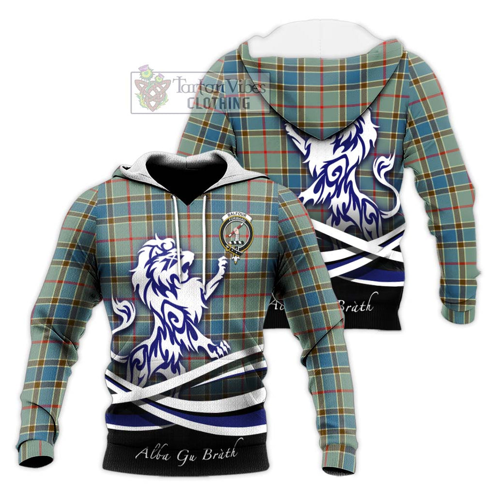 Balfour Blue Tartan Knitted Hoodie with Alba Gu Brath Regal Lion Emblem Unisex Knitted Pullover Hoodie - Tartanvibesclothing Shop