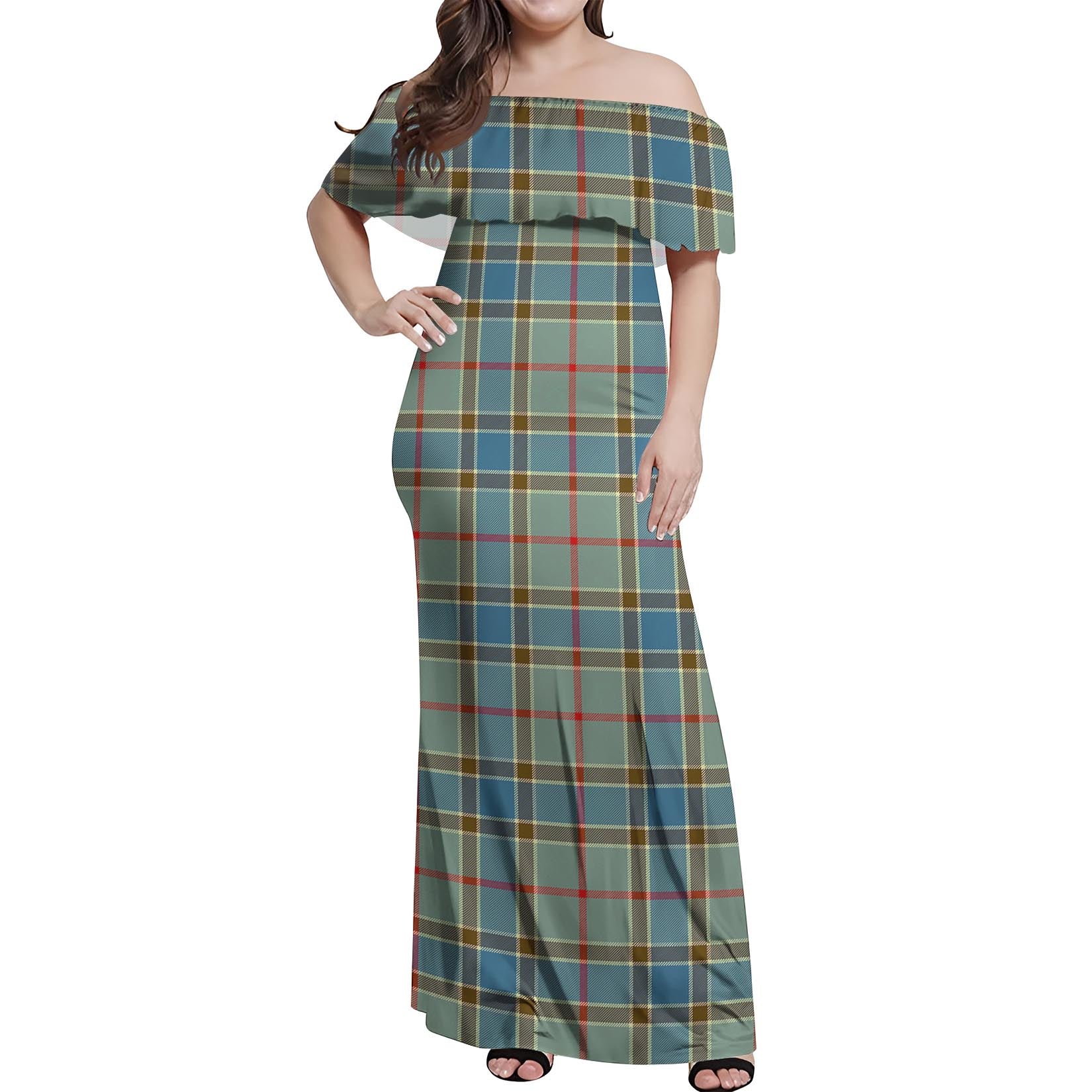 Balfour Blue Tartan Off Shoulder Long Dress Women's Dress - Tartanvibesclothing