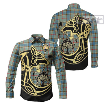 Balfour Blue Tartan Long Sleeve Button Shirt with Family Crest Celtic Wolf Style