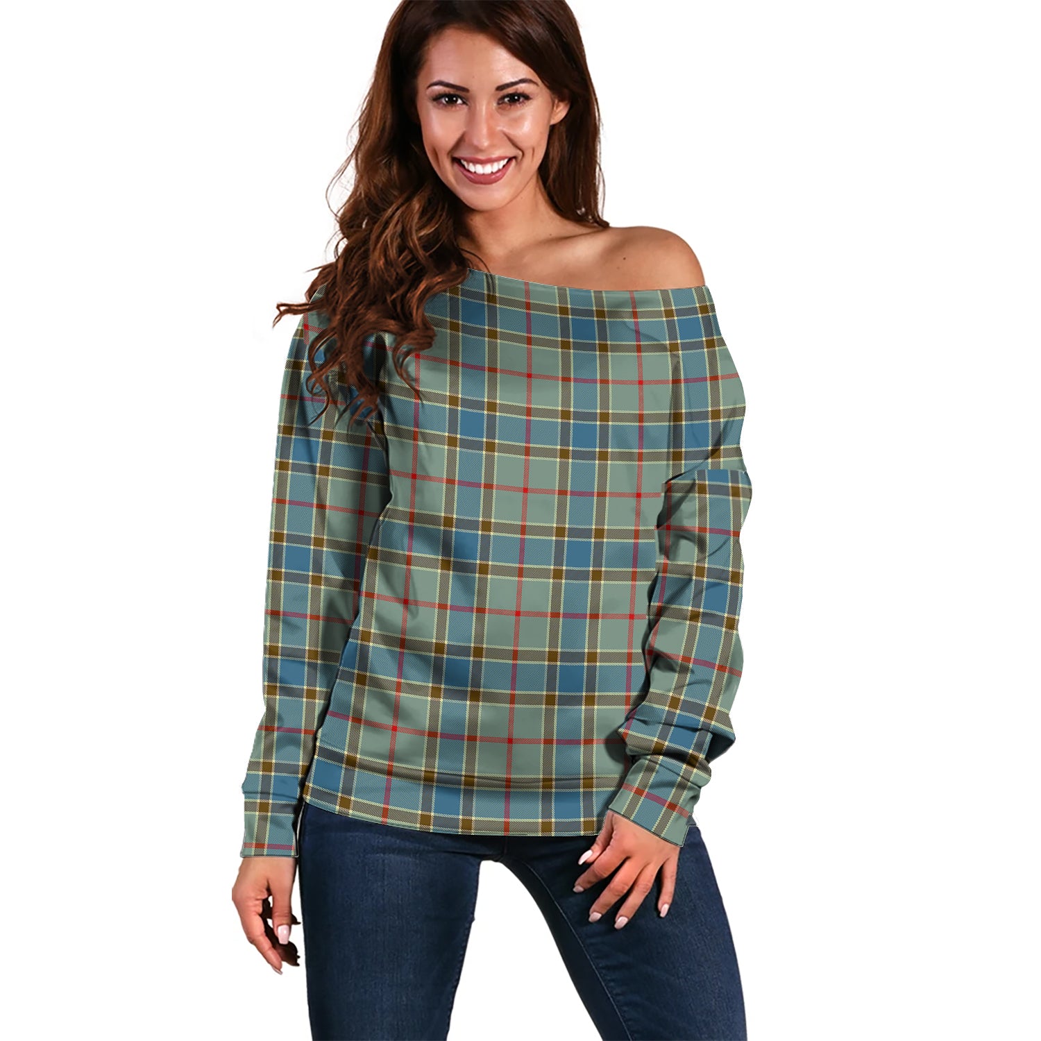 Balfour Blue Tartan Off Shoulder Women Sweater Women - Tartanvibesclothing