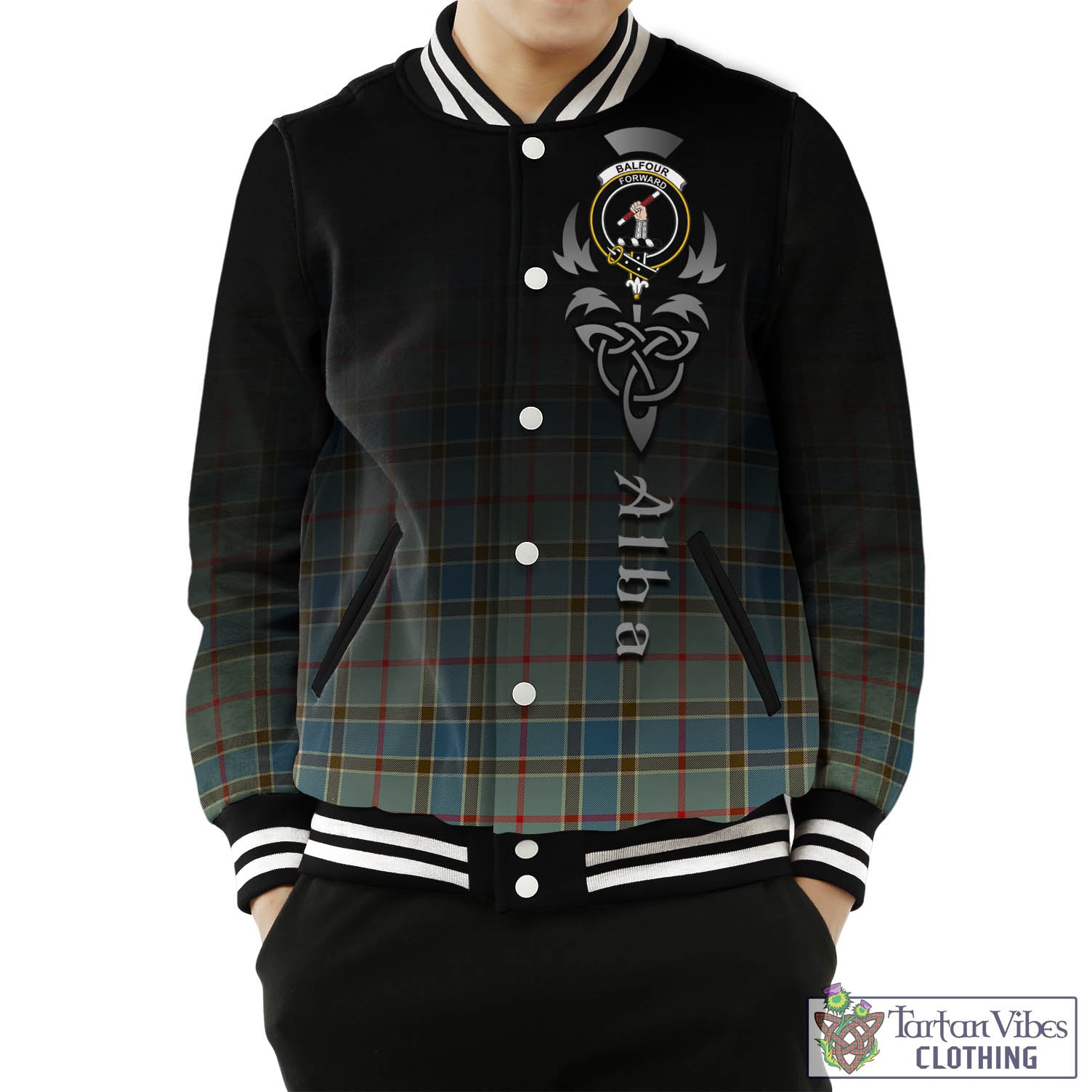 Tartan Vibes Clothing Balfour Blue Tartan Baseball Jacket Featuring Alba Gu Brath Family Crest Celtic Inspired