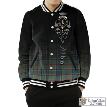 Balfour Blue Tartan Baseball Jacket Featuring Alba Gu Brath Family Crest Celtic Inspired