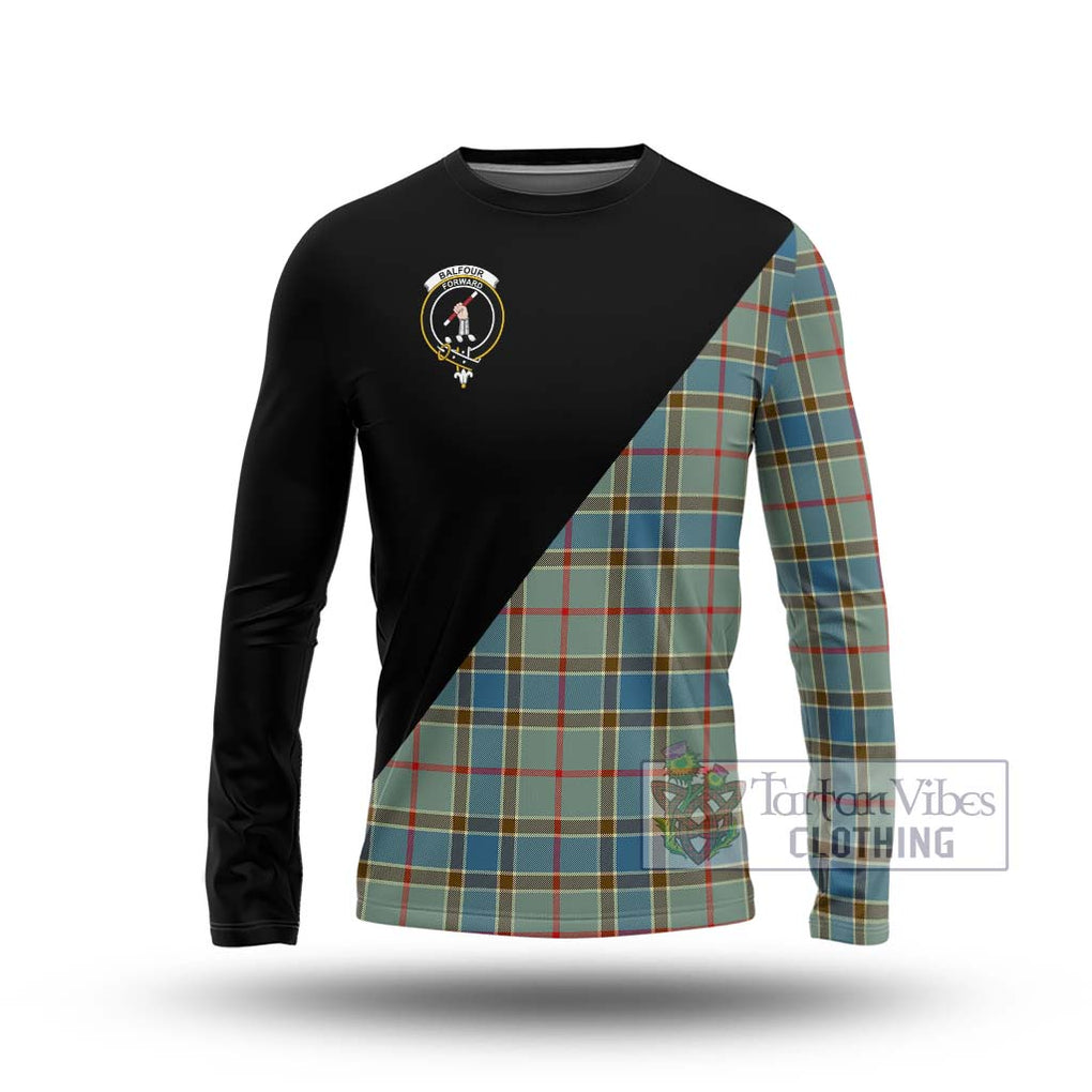 Balfour Blue Tartan Long Sleeve T-Shirt with Family Crest and Military Logo Style Unisex - Tartanvibesclothing Shop