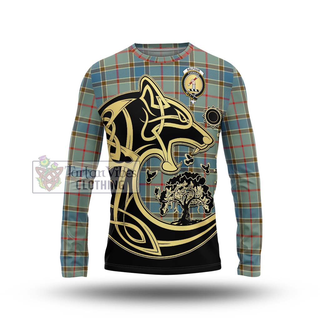 Tartan Vibes Clothing Balfour Blue Tartan Long Sleeve T-Shirt with Family Crest Celtic Wolf Style