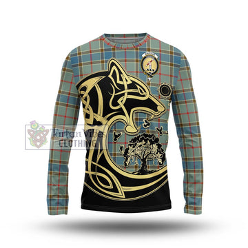 Balfour Blue Tartan Long Sleeve T-Shirt with Family Crest Celtic Wolf Style