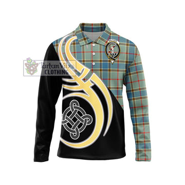 Balfour Blue Tartan Long Sleeve Polo Shirt with Family Crest and Celtic Symbol Style