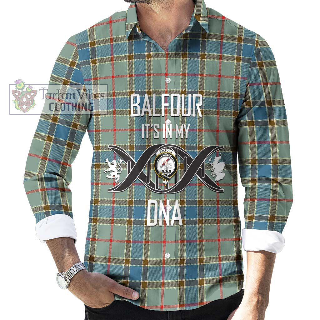 Tartan Vibes Clothing Balfour Blue Tartan Long Sleeve Button Shirt with Family Crest DNA In Me Style