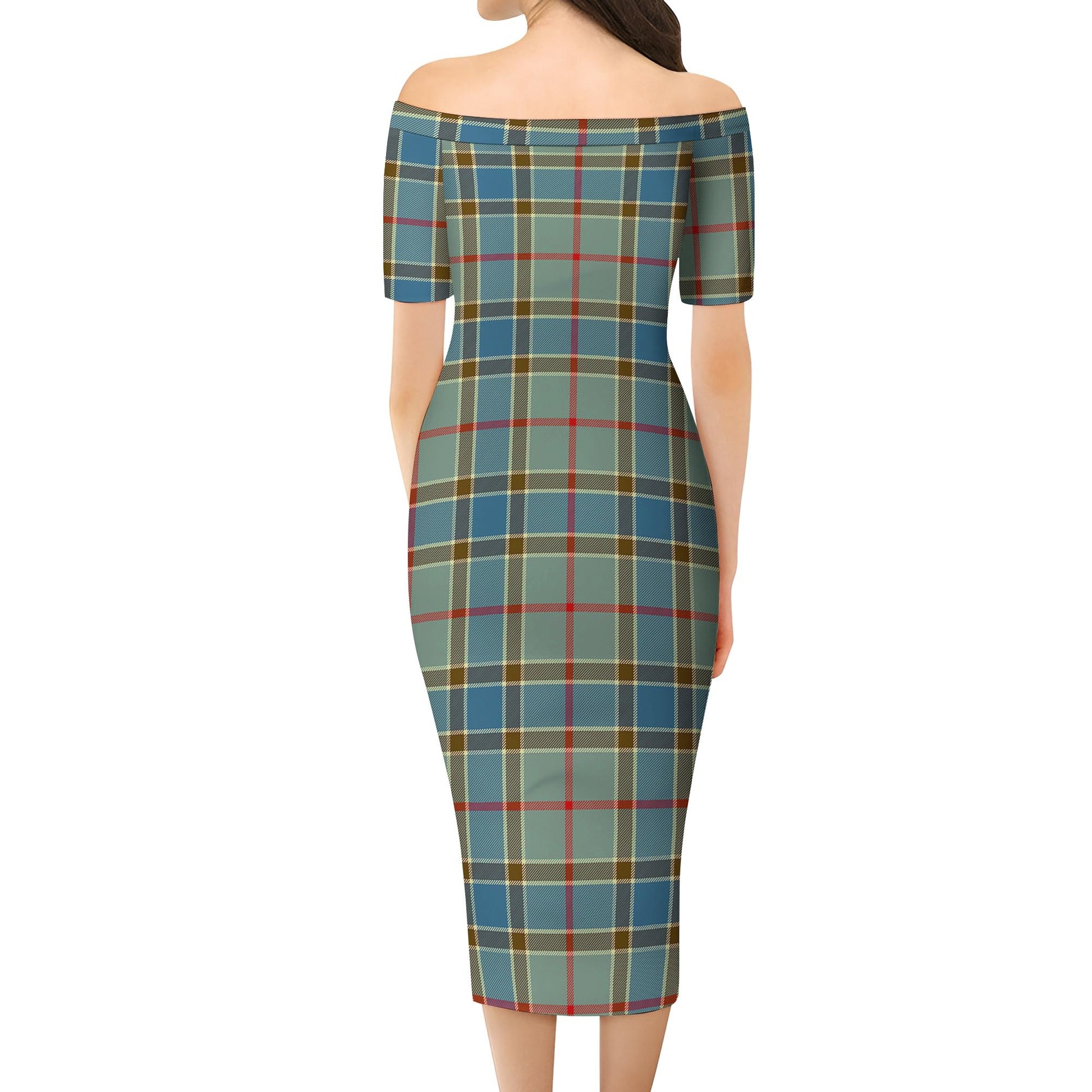 Balfour Blue Tartan Off Shoulder Lady Dress - Tartanvibesclothing