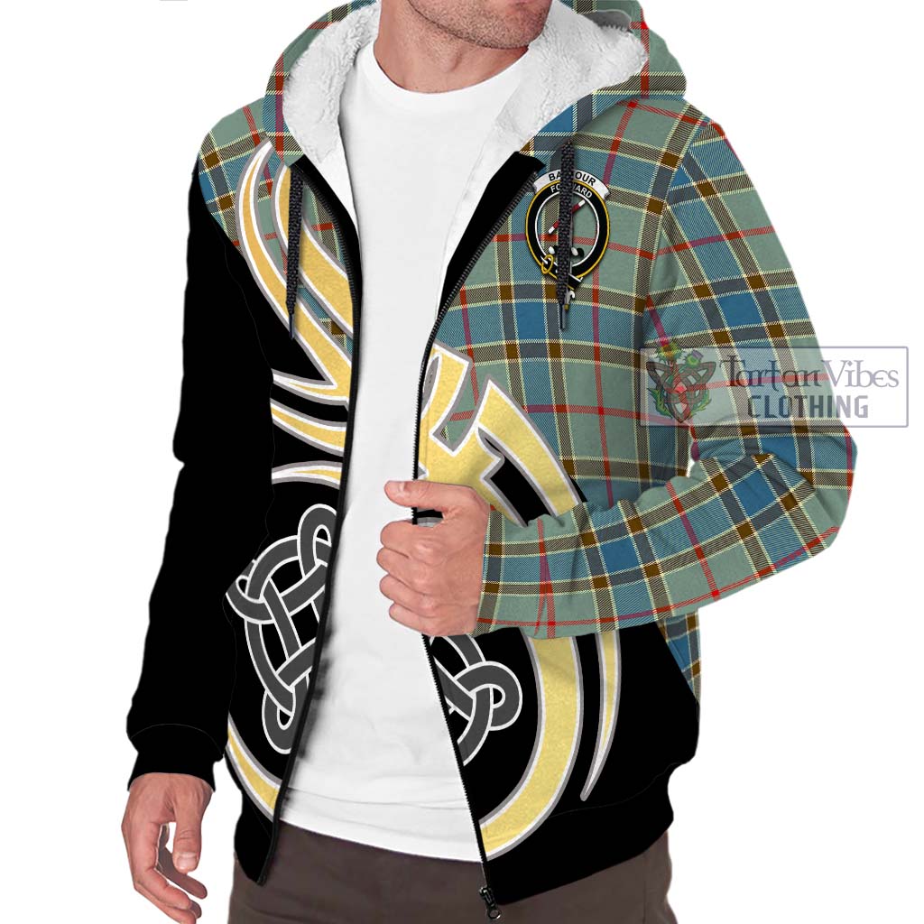 Balfour Blue Tartan Sherpa Hoodie with Family Crest and Celtic Symbol Style - Tartan Vibes Clothing