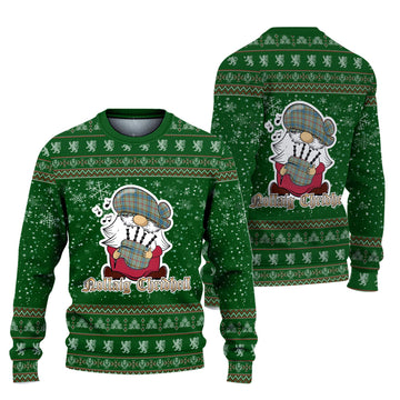 Balfour Blue Clan Christmas Family Knitted Sweater with Funny Gnome Playing Bagpipes