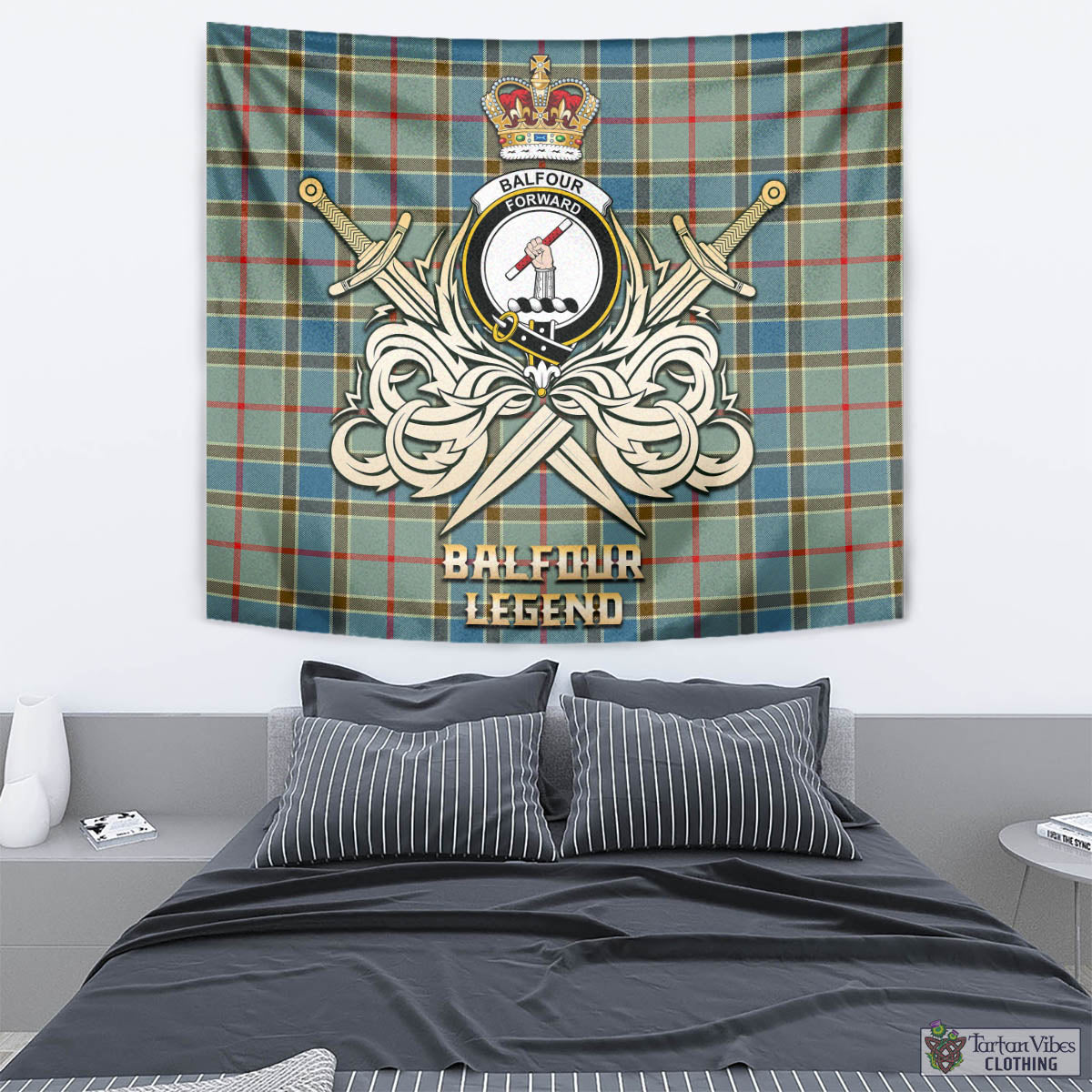 Tartan Vibes Clothing Balfour Blue Tartan Tapestry with Clan Crest and the Golden Sword of Courageous Legacy