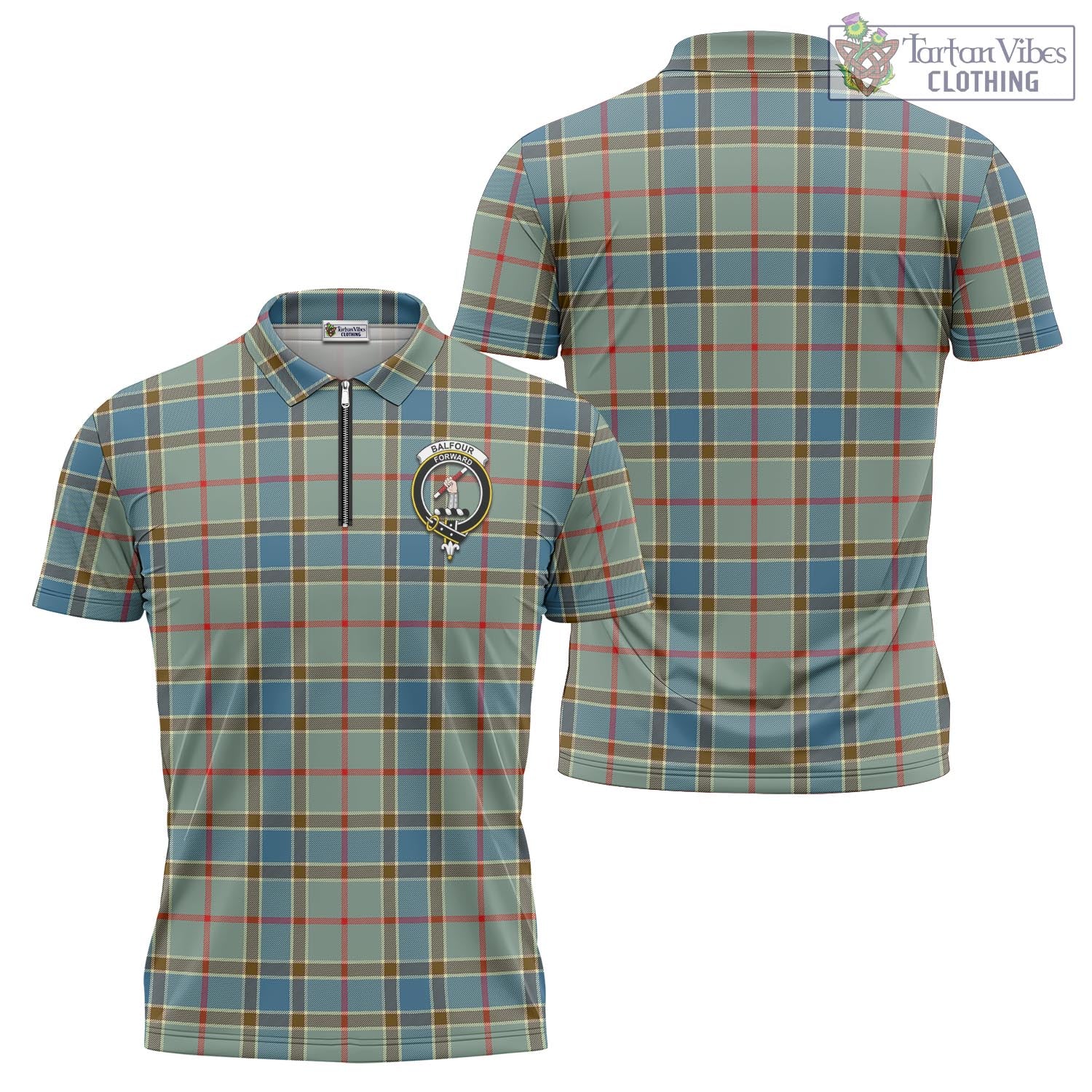 Tartan Vibes Clothing Balfour Blue Tartan Zipper Polo Shirt with Family Crest