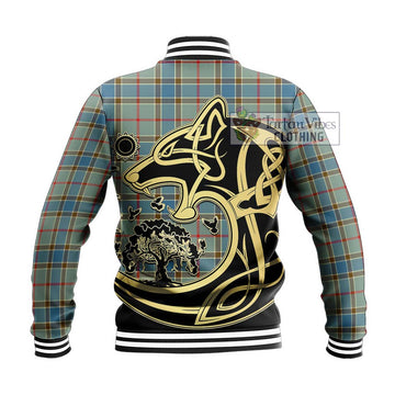 Balfour Blue Tartan Baseball Jacket with Family Crest Celtic Wolf Style