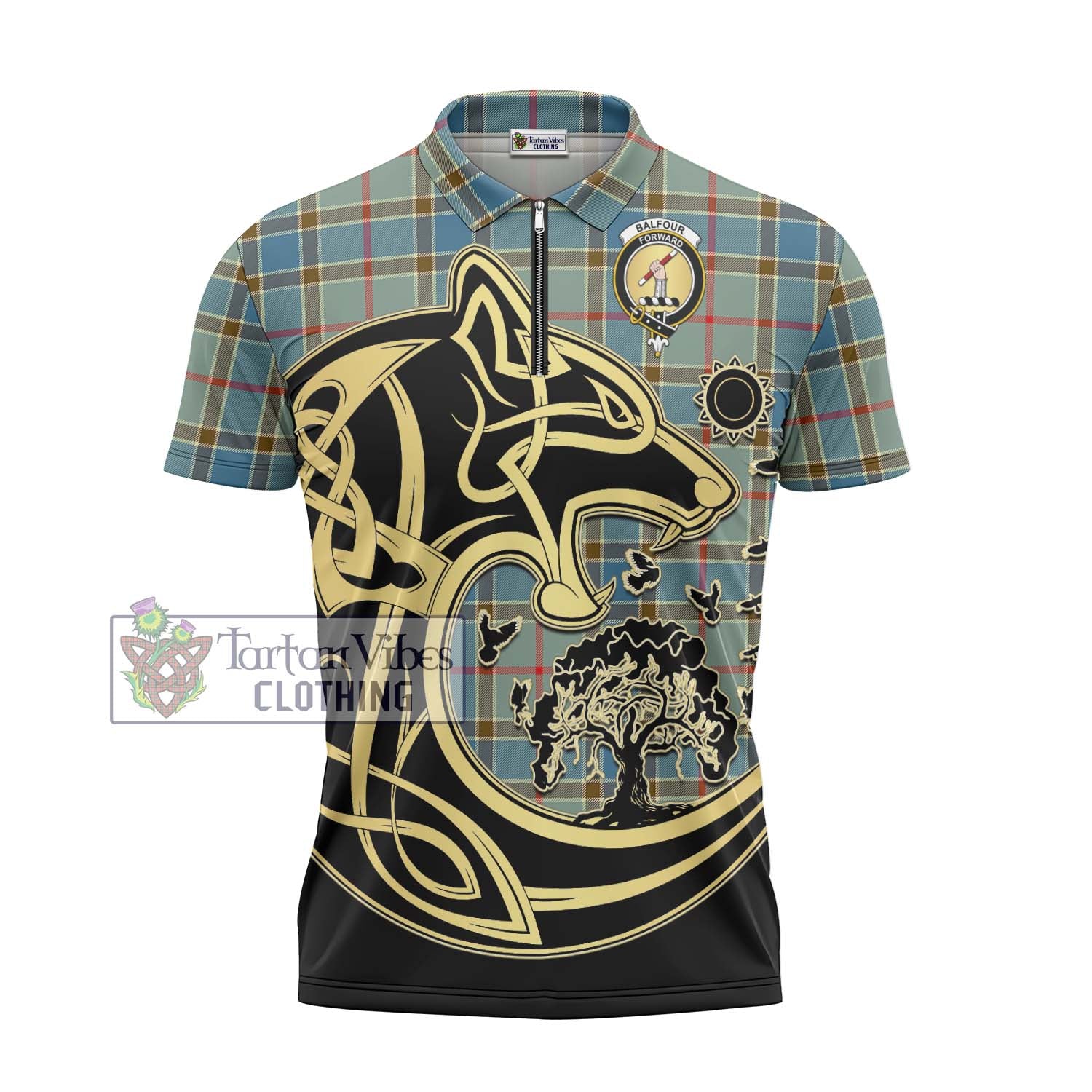 Tartan Vibes Clothing Balfour Blue Tartan Zipper Polo Shirt with Family Crest Celtic Wolf Style