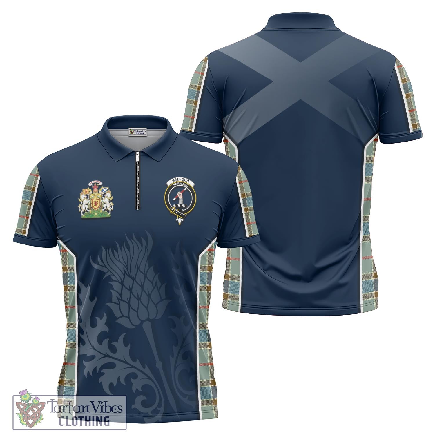 Tartan Vibes Clothing Balfour Blue Tartan Zipper Polo Shirt with Family Crest and Scottish Thistle Vibes Sport Style