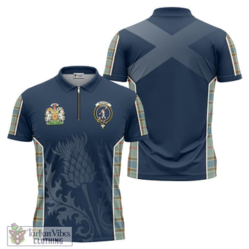 Balfour Blue Tartan Zipper Polo Shirt with Family Crest and Scottish Thistle Vibes Sport Style