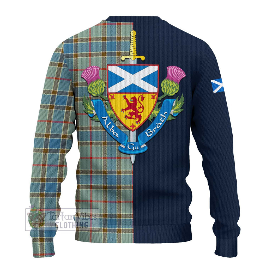 Tartan Vibes Clothing Balfour Blue Tartan Knitted Sweater with Scottish Lion Royal Arm Half Style