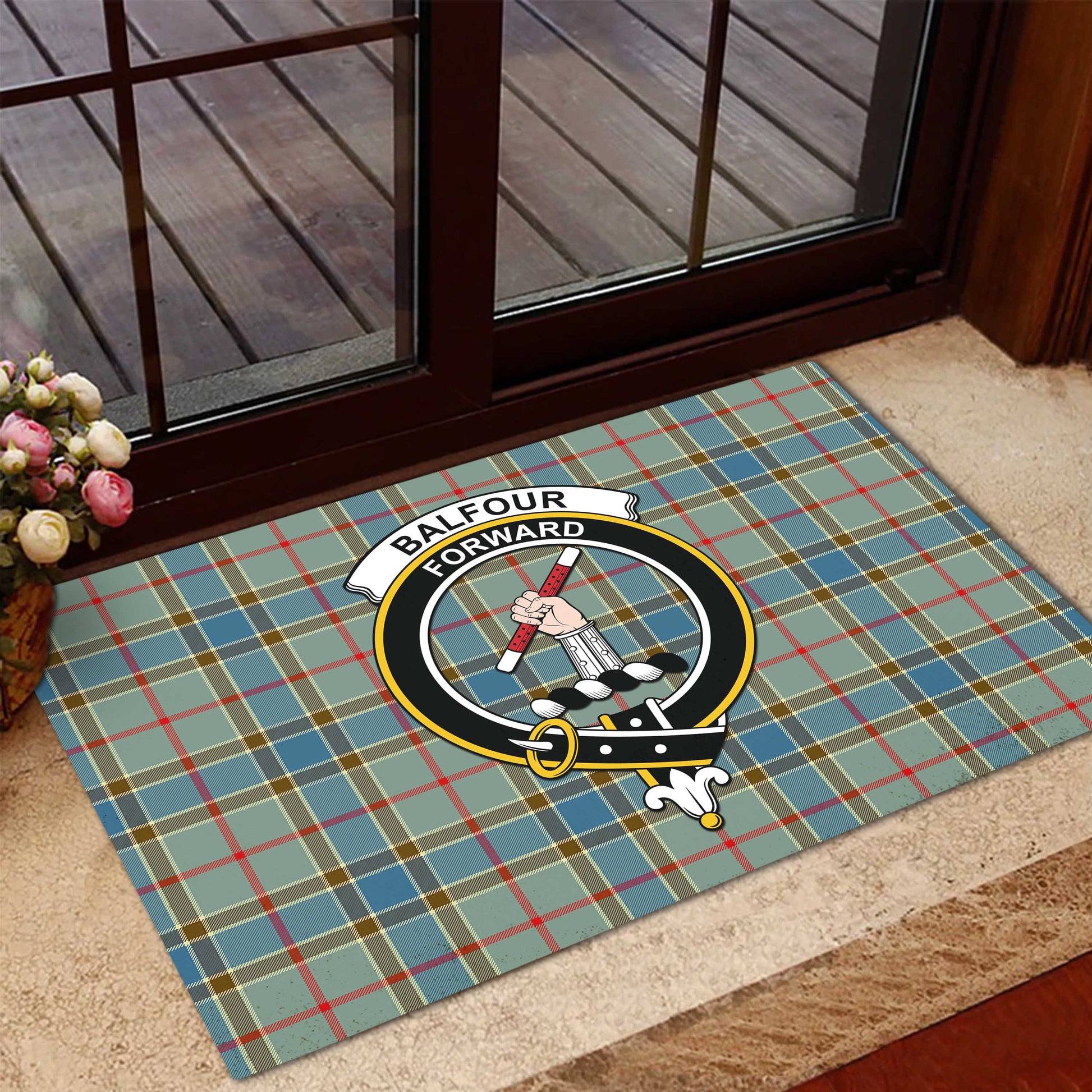 Balfour Blue Tartan Door Mat with Family Crest - Tartanvibesclothing