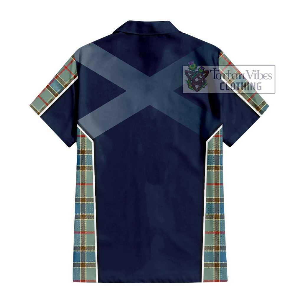 Balfour Blue Tartan Short Sleeve Button Shirt with Family Crest and Lion Rampant Vibes Sport Style - Tartan Vibes Clothing