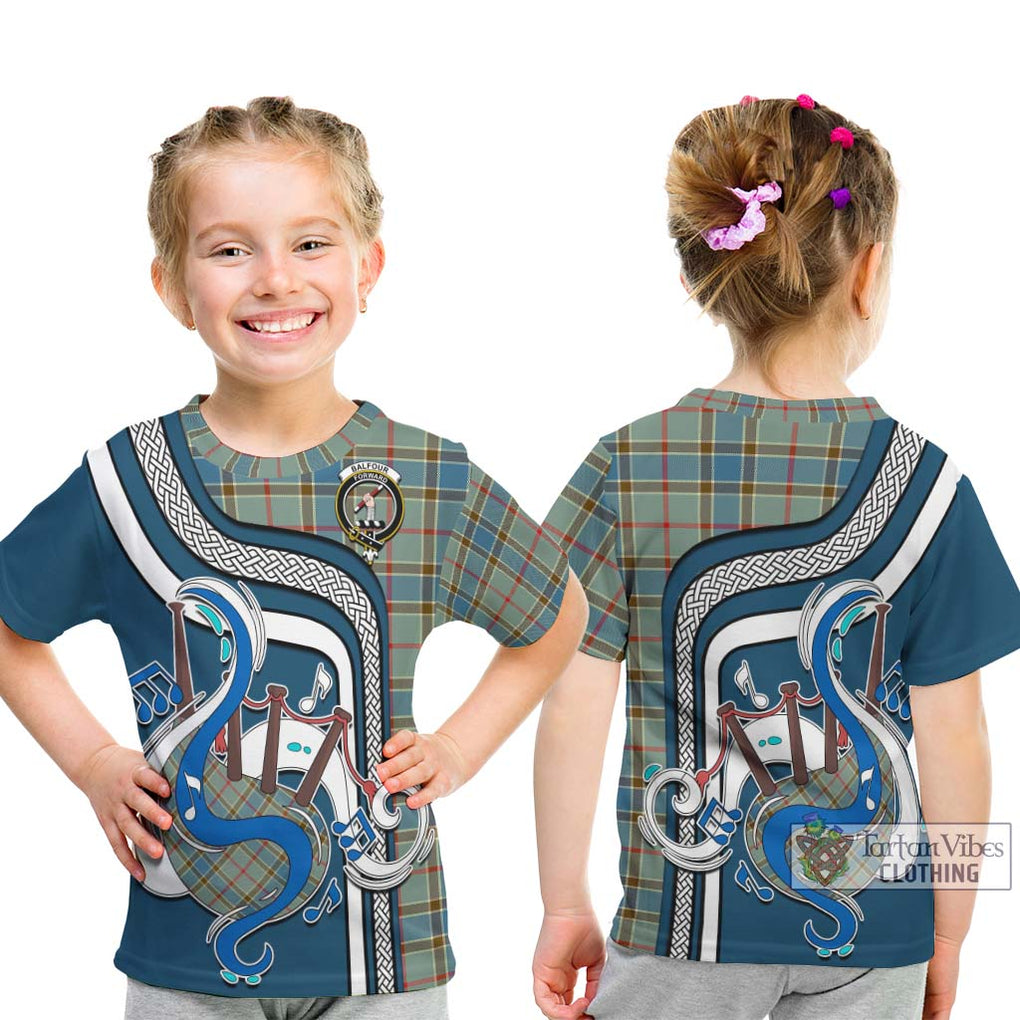 Tartan Vibes Clothing Balfour Blue Tartan Kid T-Shirt with Epic Bagpipe Style