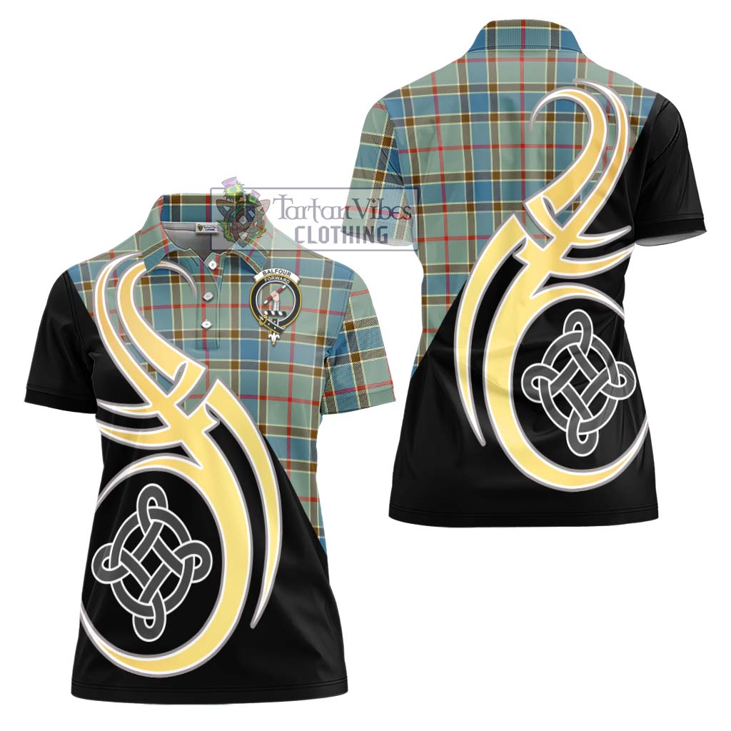 Balfour Blue Tartan Women's Polo Shirt with Family Crest and Celtic Symbol Style - Tartan Vibes Clothing