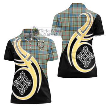 Balfour Blue Tartan Women's Polo Shirt with Family Crest and Celtic Symbol Style