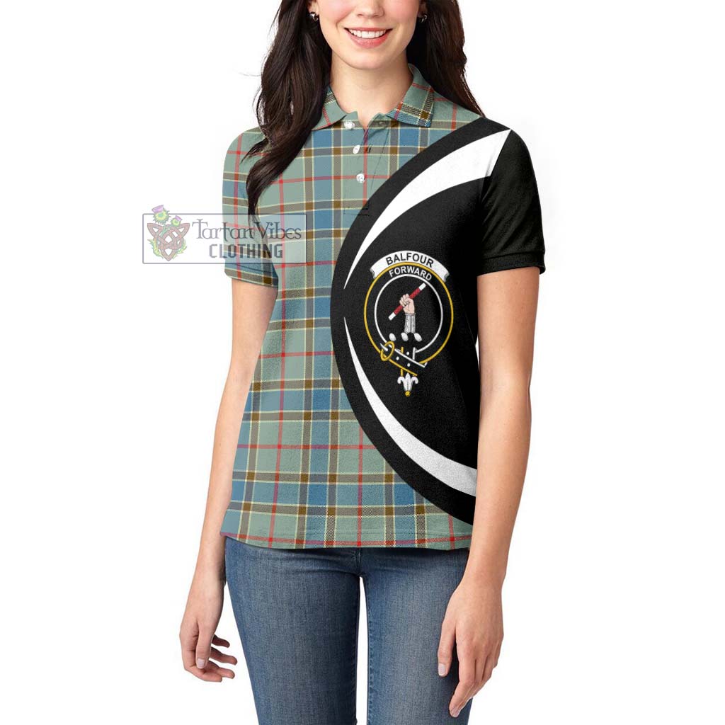 Tartan Vibes Clothing Balfour Blue Tartan Women's Polo Shirt with Family Crest Circle Style